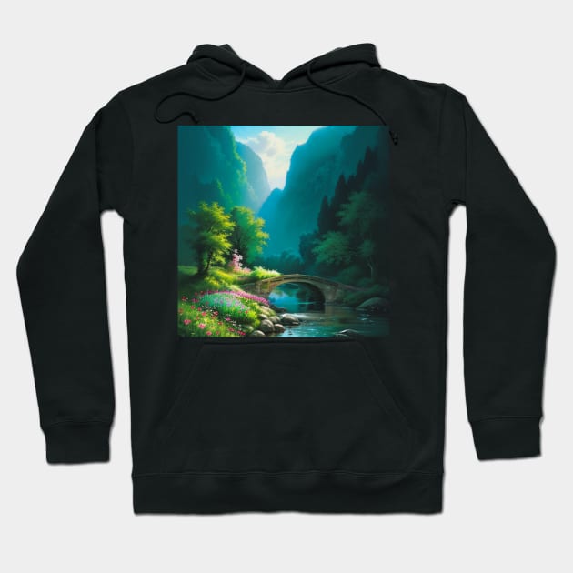 Idyllic Bridge Scenery in a Quaint Canyon Meadow Hoodie by CursedContent